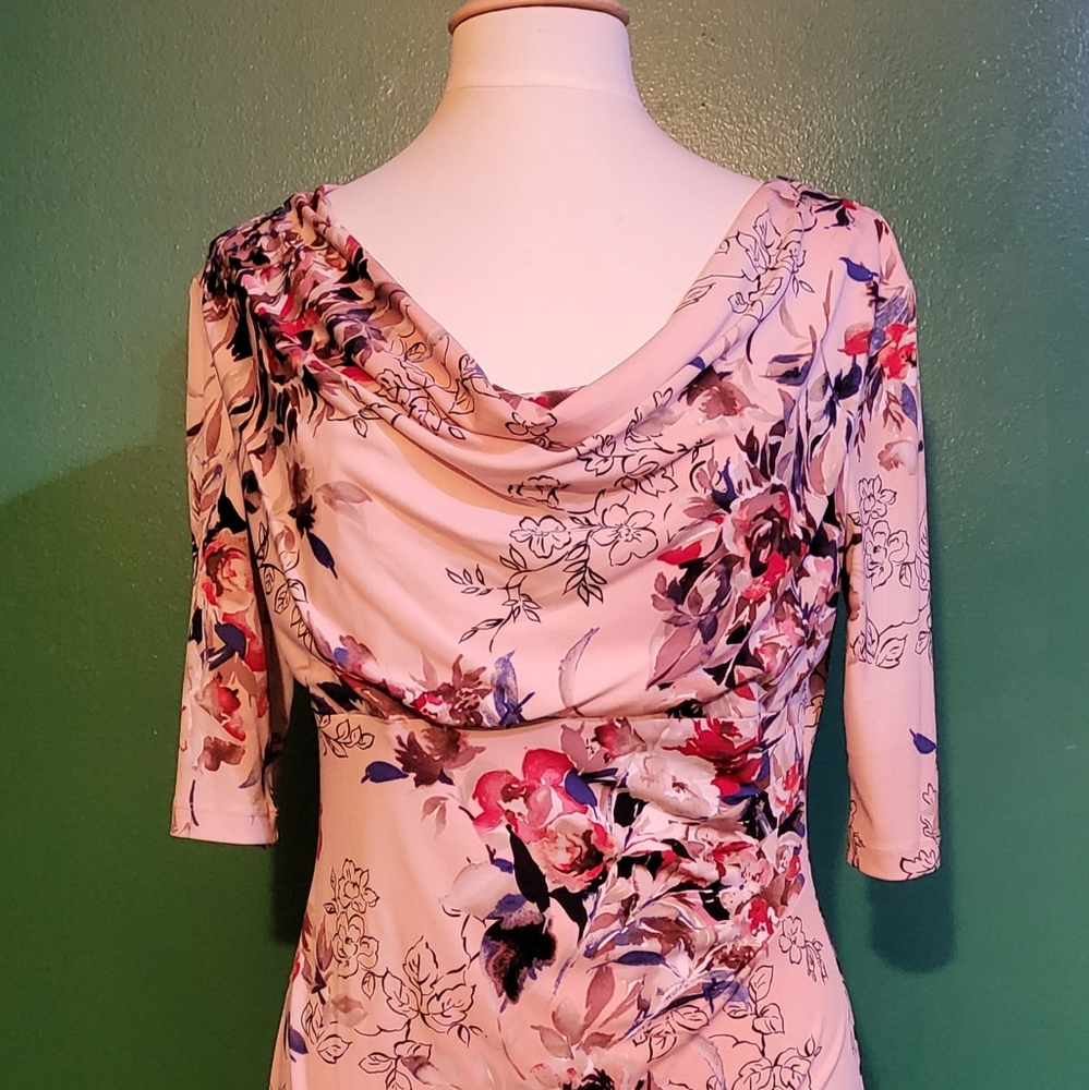 Connected Apparel pink floral dress.  Form fitted with front draped neckline.
